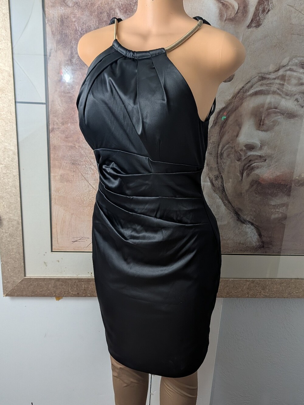 NWT Eliza J Black Satin Gold Chain Halter Choker Ruched Cocktail Dress Size 8